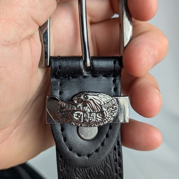 American Pride Black Leather Belt Size 44 With Eagles Pattern Bikercore - Picture 2 of 8